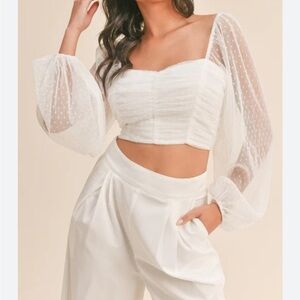 Boohoo White Sheer Polkadot Long Sleeve Ruched Crop Top